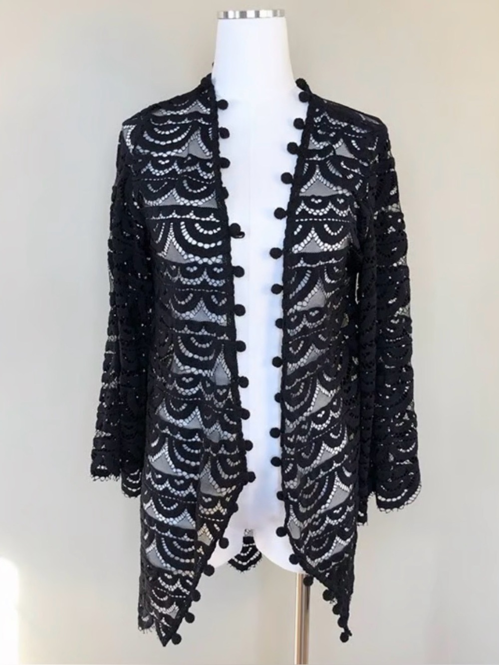 PilyQ Black Crochet Lace Pom Pom Trim Open Swim Cover Up